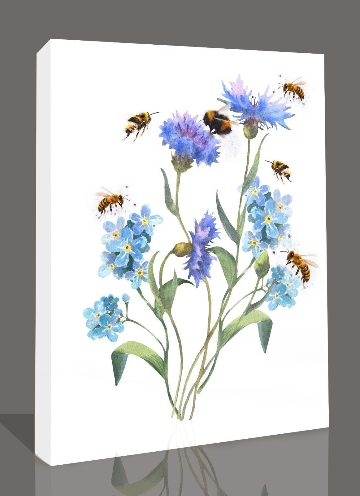 Watercolor Blue Forget Me Not Flowers and Bees Canvas Wall Art Picture Print