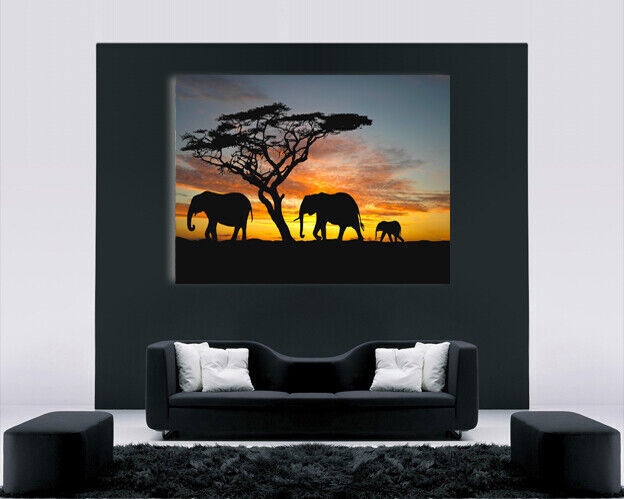 Elephants In The Sunset Africa Landscape  Canvas Wall Art Picture Print