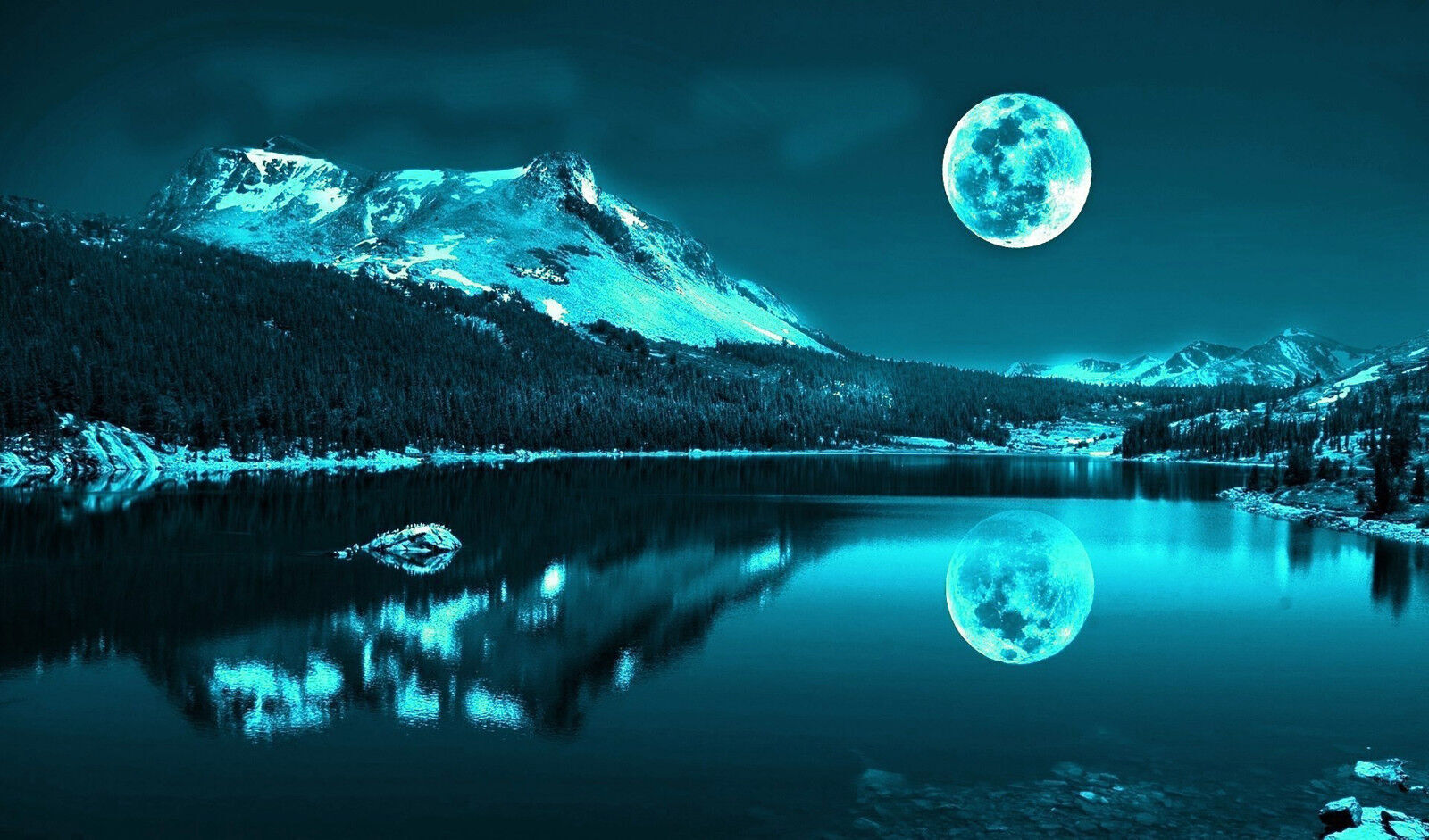 Duck Egg Blue Moonlit Lake Cotton Canvas Wall Art Picture Print - A1, A2 sizes