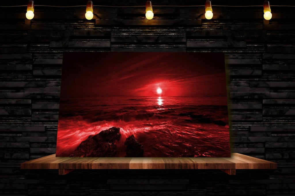 Sunset Over The Ocean seascape Red Canvas Wall Art Picture Print