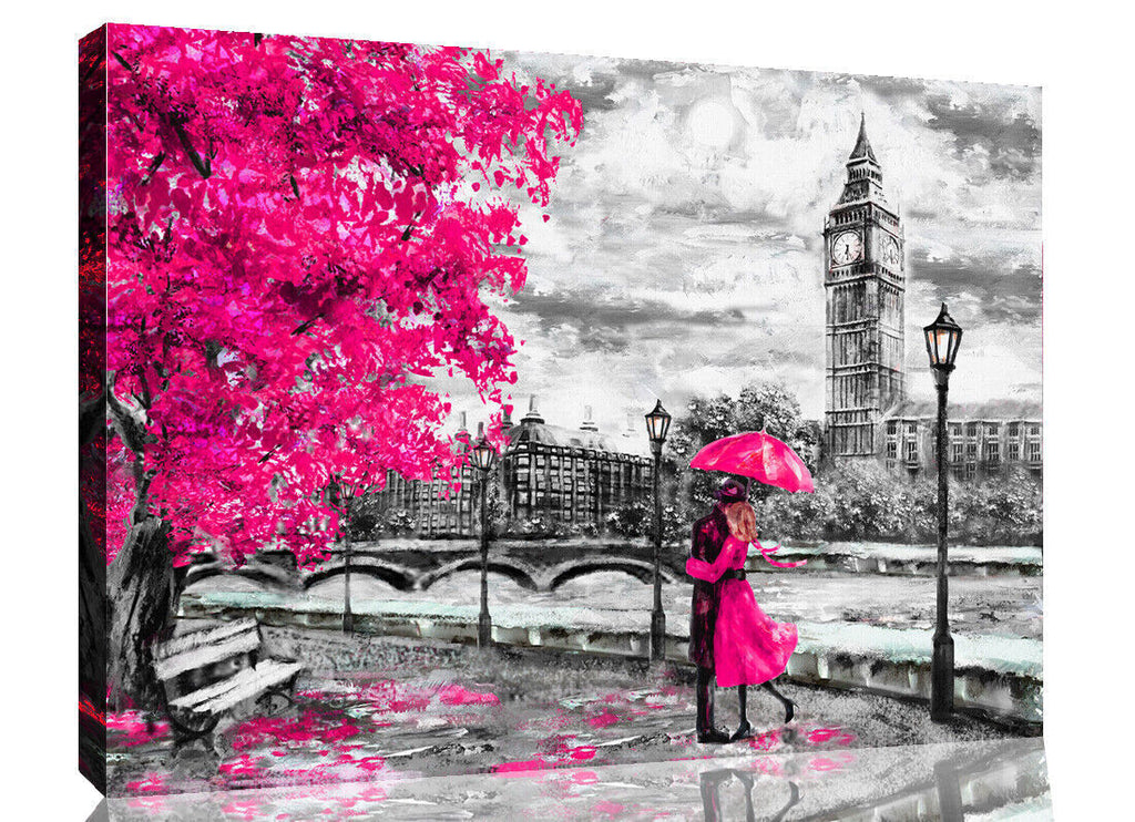London Oil Painting Artwork Big Ben Pink Umbrella Canvas Wall Art Picture Print