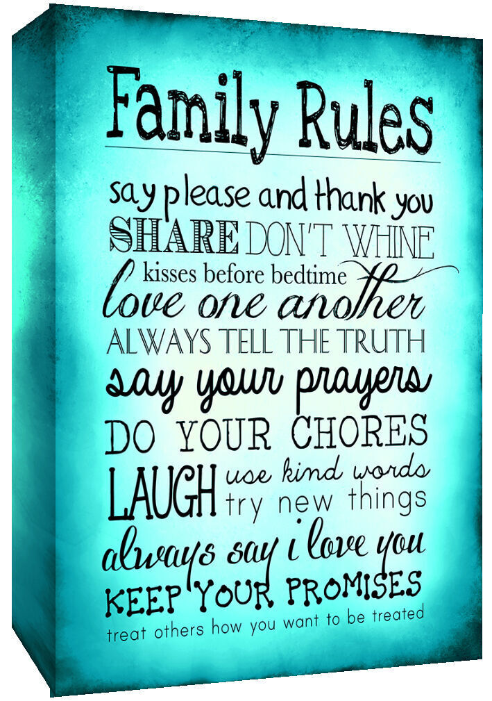 Teal Family Rules Quote, Canvas Wall Art Print Picture ALL SIZES, ANY COLOUR