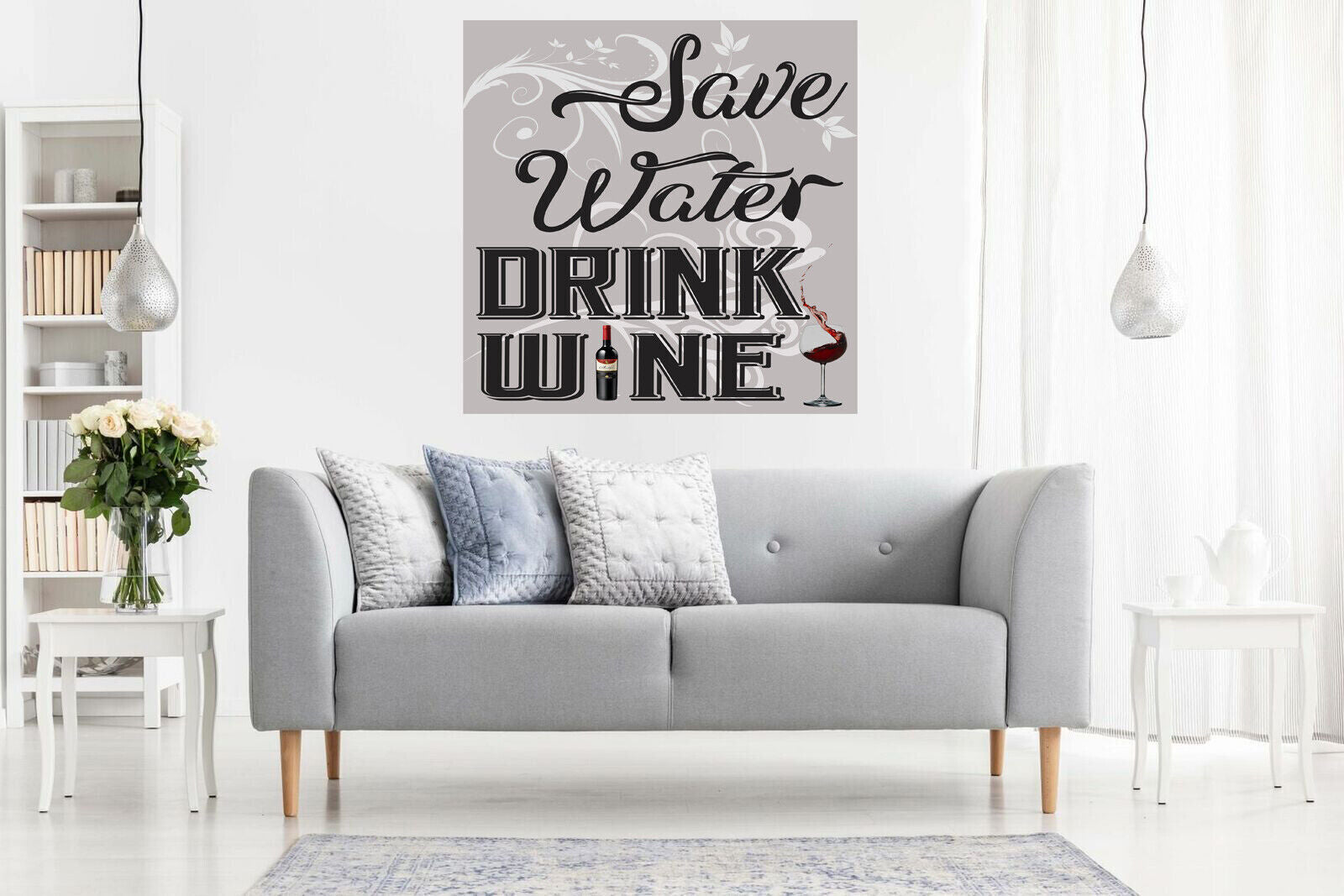 Grey Save Water Drink Wine Quote Canvas Wall Art Picture Print
