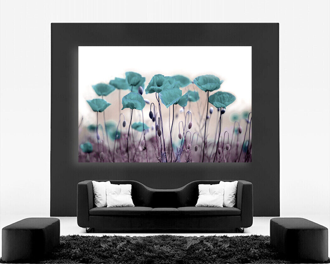Abstract Duck Egg Blue Poppies Flowers CANVAS WALL ART Picture Print