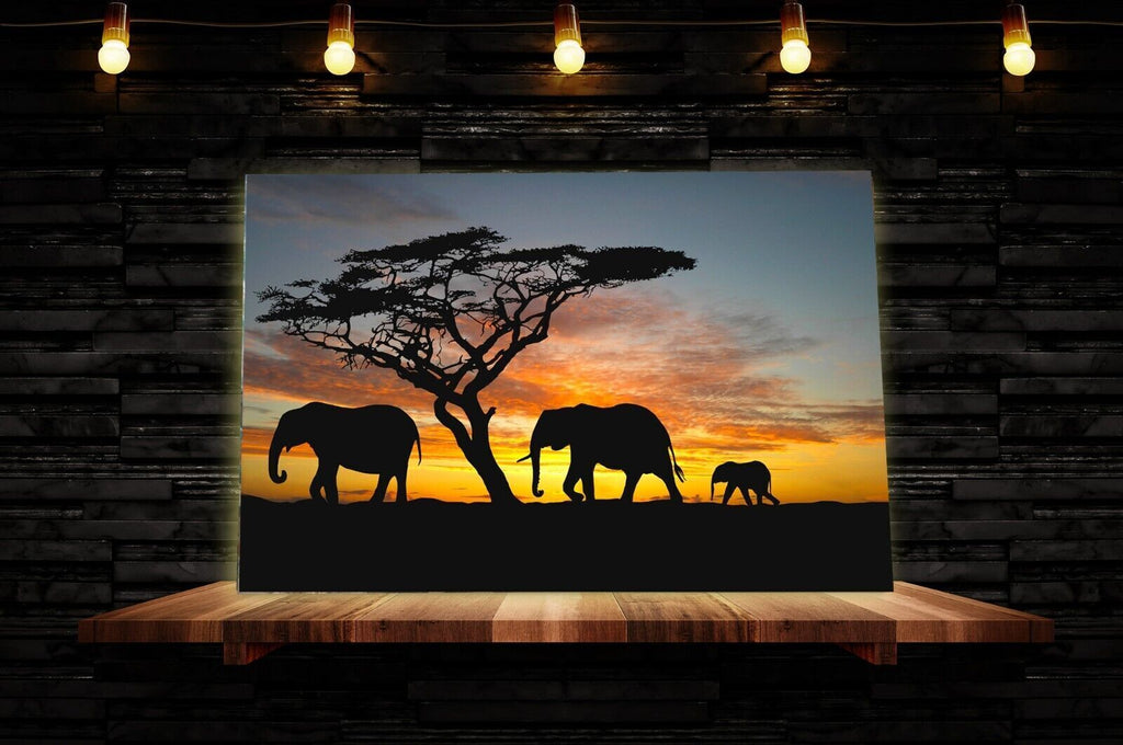 Elephants In The Sunset Africa Landscape  Canvas Wall Art Picture Print