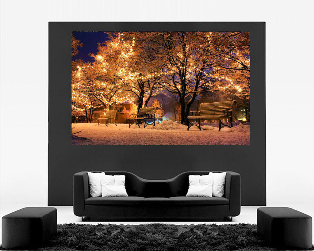 Snow Winter Lit up park Christmas night Landscape Canvas Wall Art Picture Print