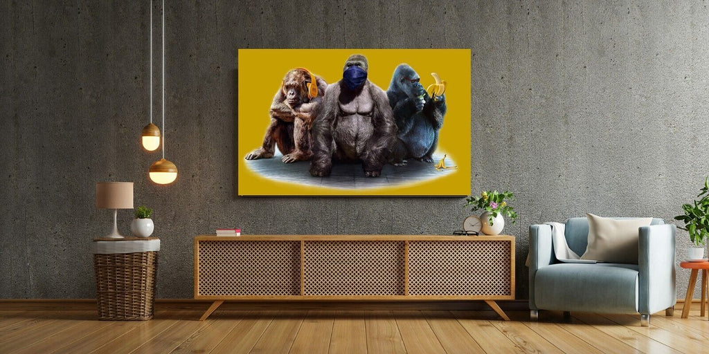 Mustard 3 Modern Wise Gorillas Abstract Canvas Wall Art Picture Print