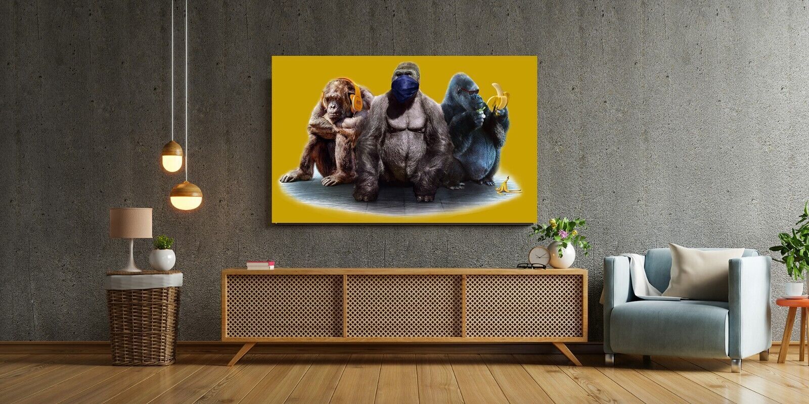 Mustard 3 Modern Wise Gorillas Abstract Canvas Wall Art Picture Print