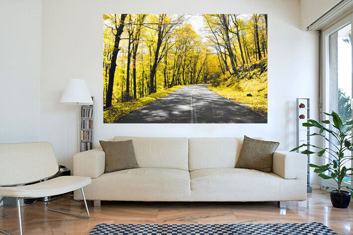 Yellow Trees Lined Road Landscape Canvas Wall Art Picture Print - ALL SIZES