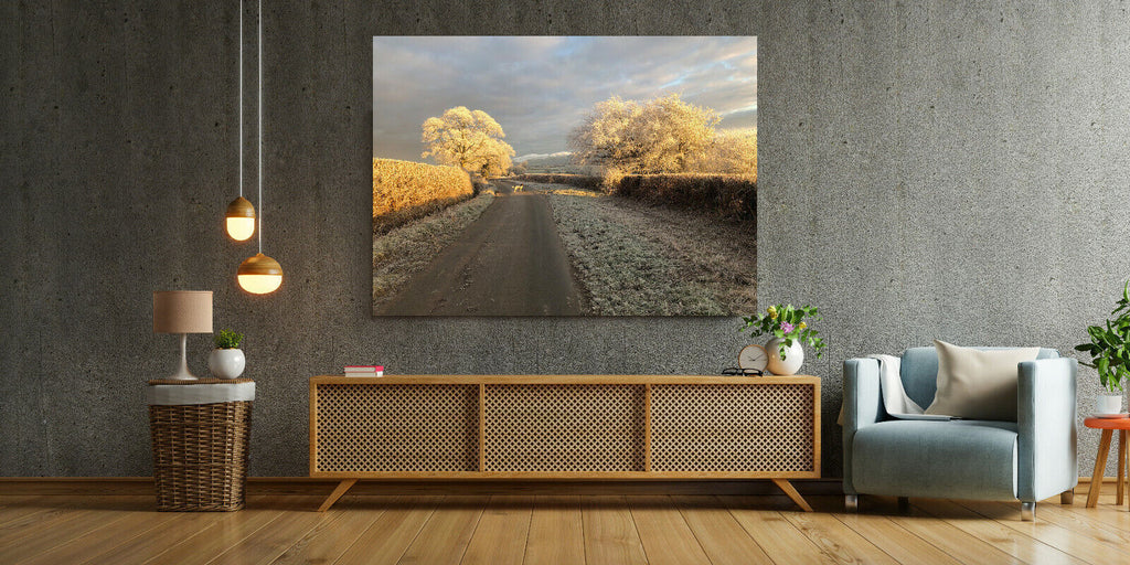 Dog on Cold Winters Lane Landscape Canvas Wall Art Picture Print