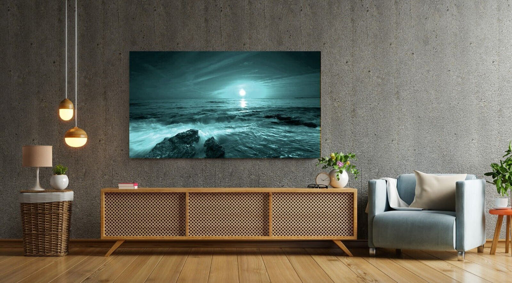 Sunset Over The Ocean seascape Teal Blue Canvas Wall Art Picture Print