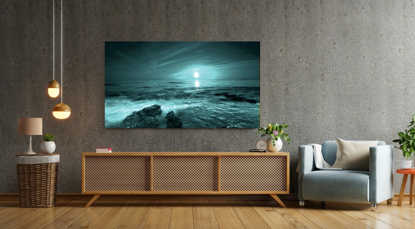 Sunset Over The Ocean seascape Teal Blue Canvas Wall Art Picture Print
