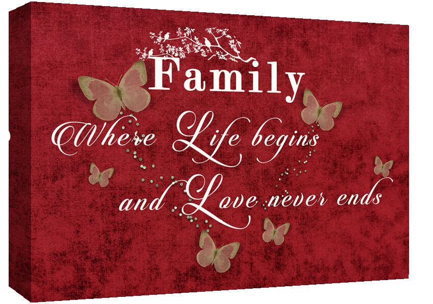 FAMILY QUOTE Where Life Begins - RED - Canvas Wall Art Picture Print- ALL SIZES