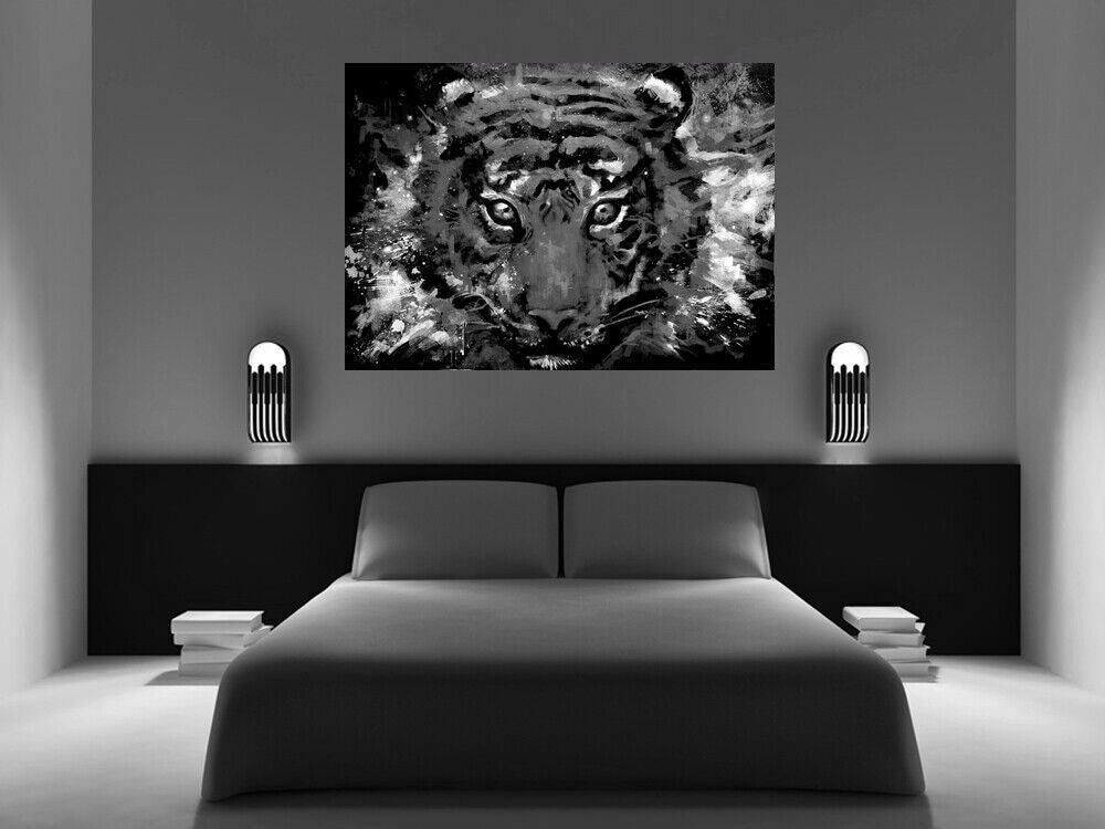 Black & White Abstract Tiger Canvas Wall Art Picture Print - A0, A1, A2