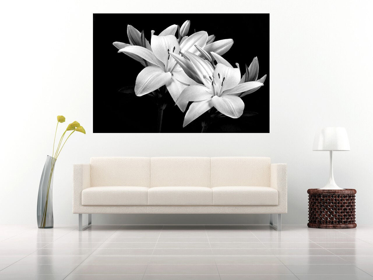 Black & White Lilies Cotton Canvas Wall Art Picture Print - A1, A2 +sizes