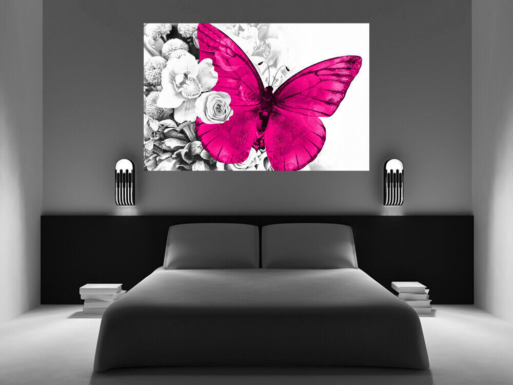 Pink butterfly on grey floral abstract background Canvas Wall Art Print