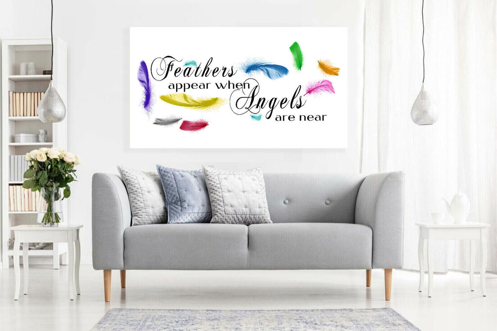 Rainbow colours Feathers appear when Angels quote Canvas Wall Art Picture Print