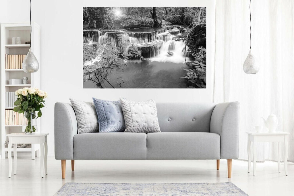 Black White & Grey Waterfall Trees Landscape Canvas Wall Art Picture Print