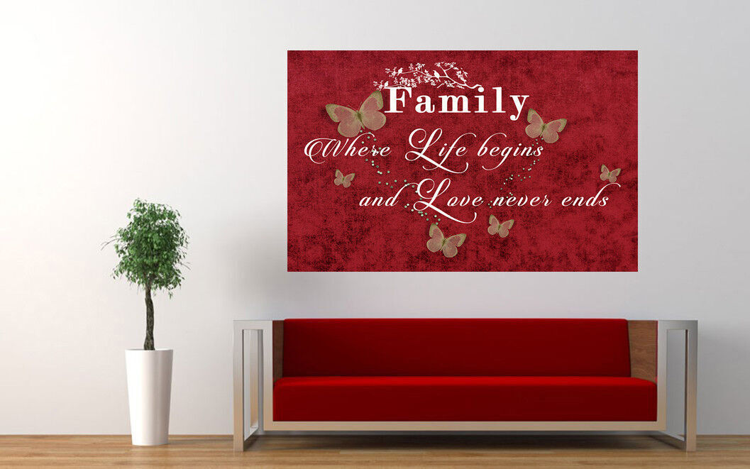 FAMILY QUOTE Where Life Begins - RED - Canvas Wall Art Picture Print- ALL SIZES