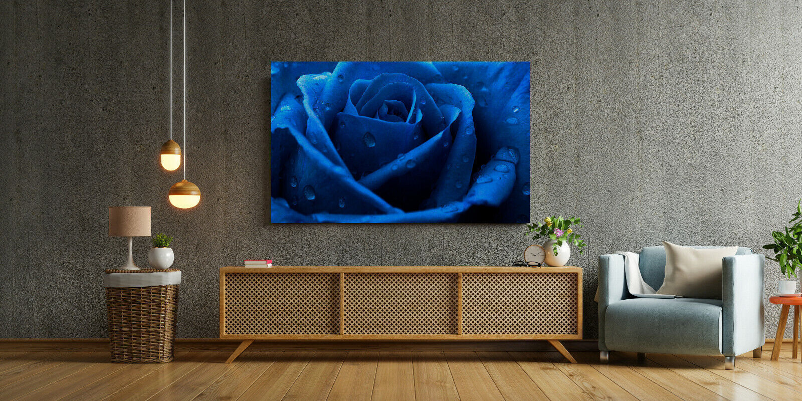 Dark Blue Rose with raindrops canvas wall art print picture artwork