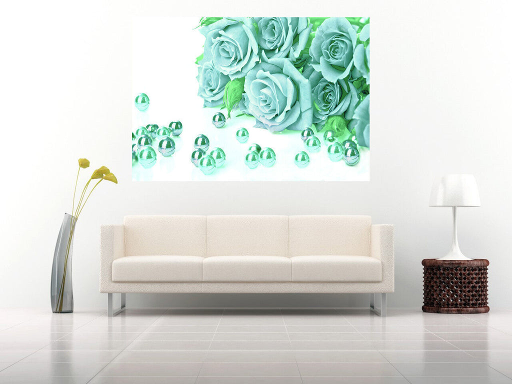 Duck Egg Blue Roses Cotton Canvas Wall Art Picture Print - A1, A2 sizes