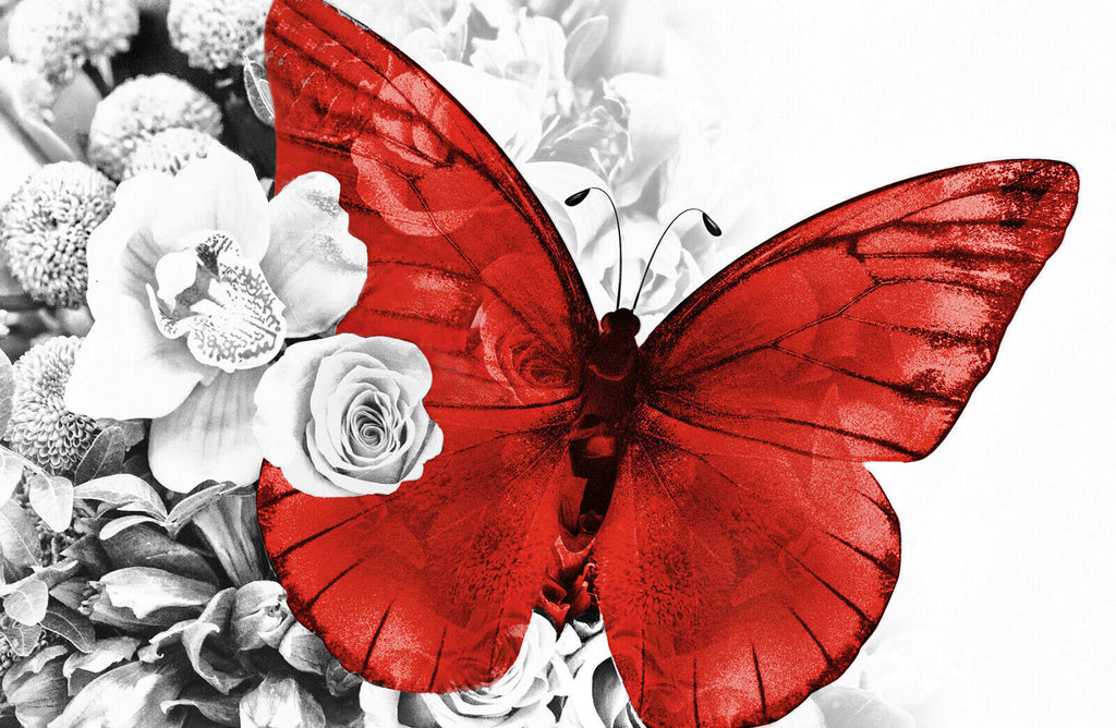 Red butterfly on grey floral abstract background Canvas Wall Art Picture Print