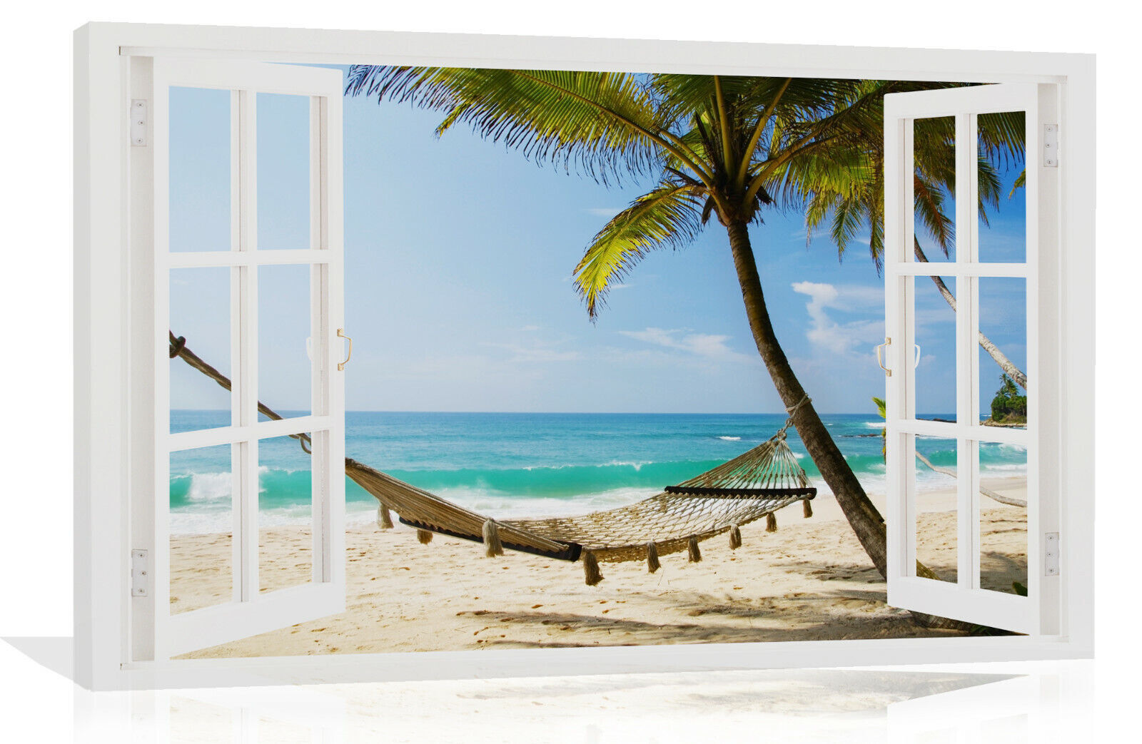 Hammock on Caribbean Beach Through Window CANVAS WALL ART Picture Print