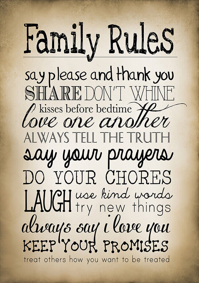 Sepia Family Rules Quote, Canvas Wall Art Picture Print ALL SIZES, ANY COLOUR