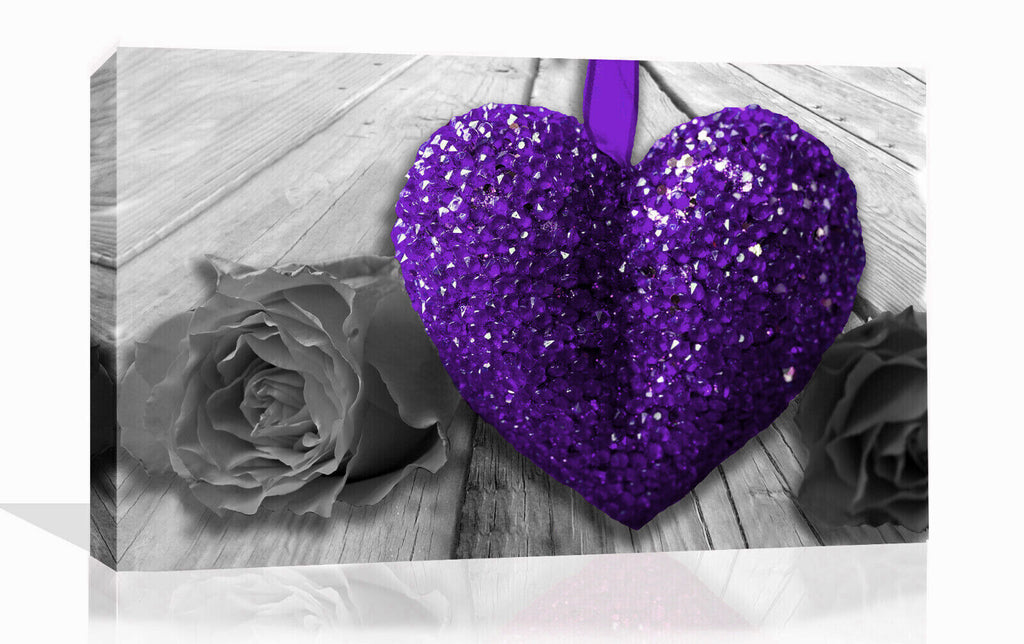 Purple Sparkle Heart & Rose Flower on grey wood Canvas Wall Art Picture Print