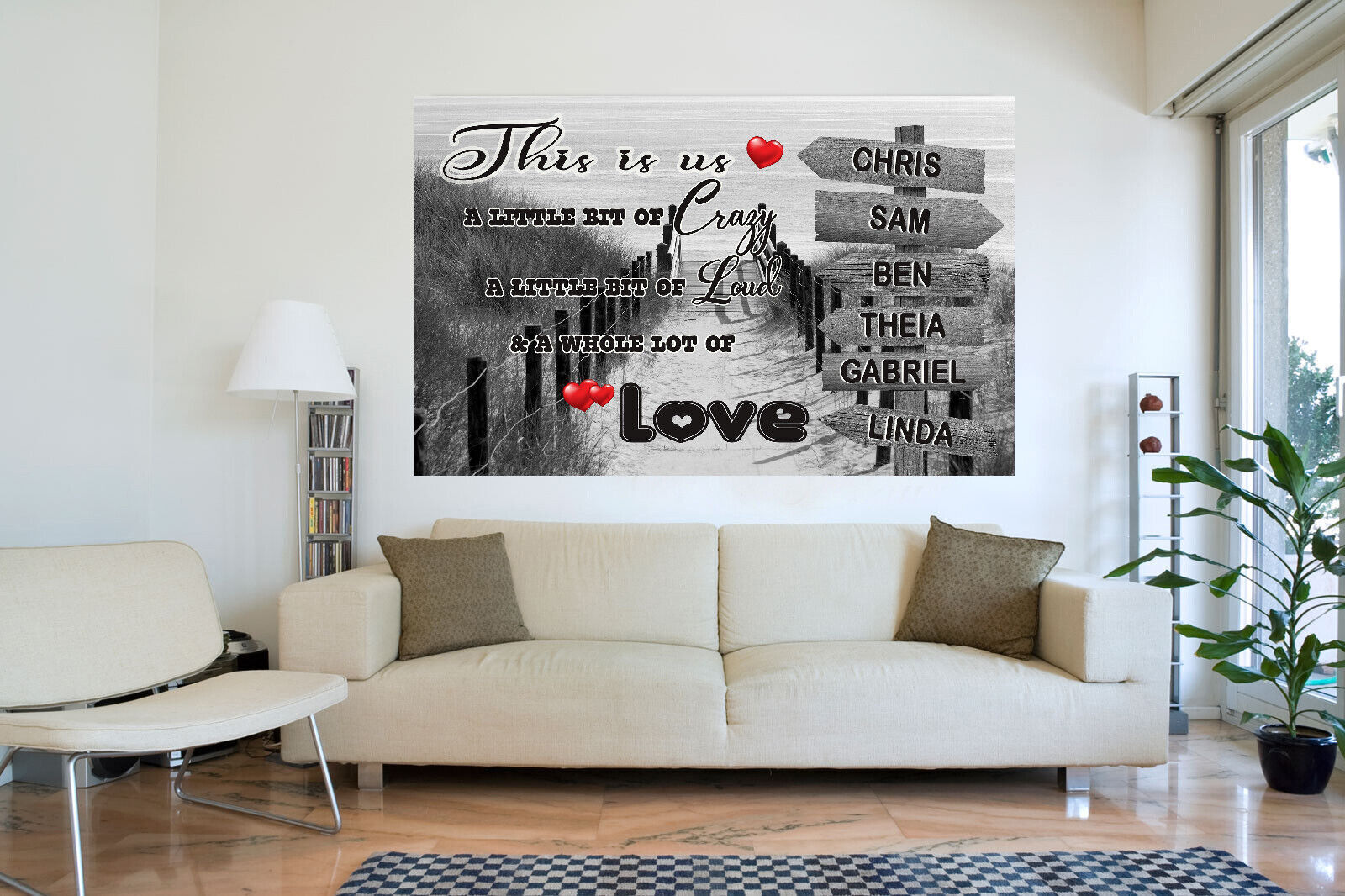 Personalized Personal up to 6 Names on Beach Sign Post Canvas Wall Art Print - 2