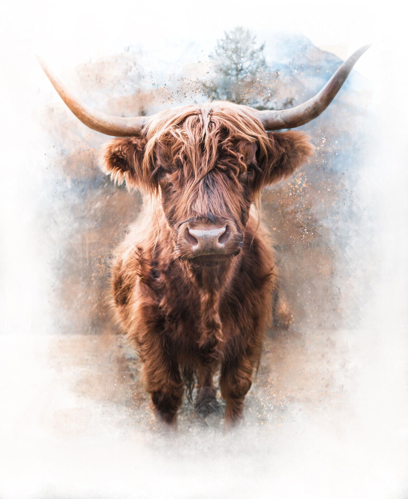 Highland Cow Watercolour Abstract Style Box Canvas wall art print picture