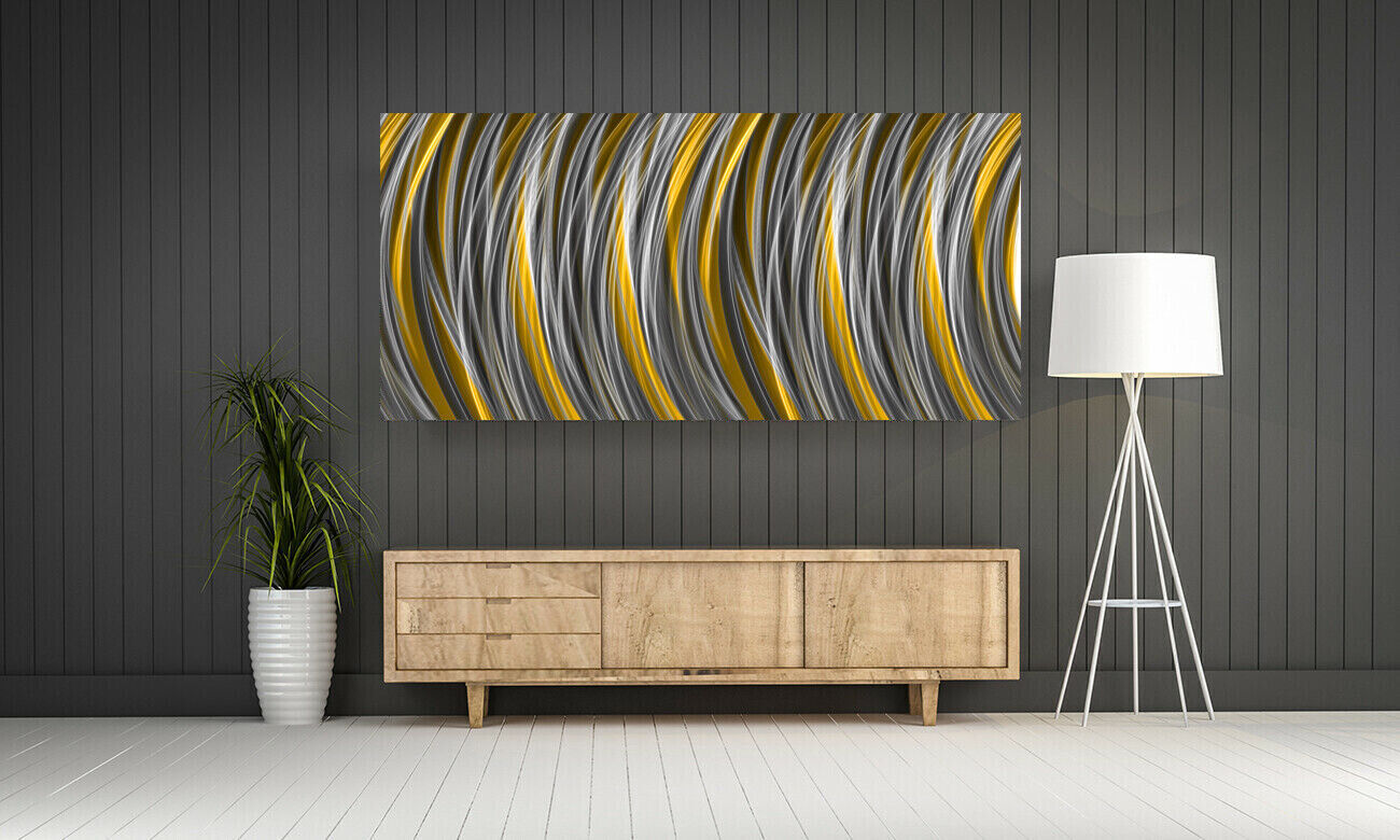 Grey Yellow / Mustard Stripes Modern Abstract Canvas Wall Art Picture Print