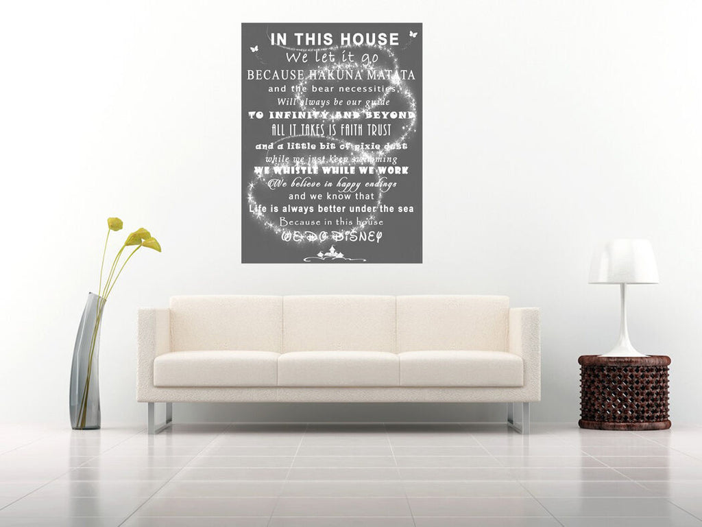 We Do Disney In This House Quote on CANVAS WALL ART Picture Print Grey A0 A1 A2