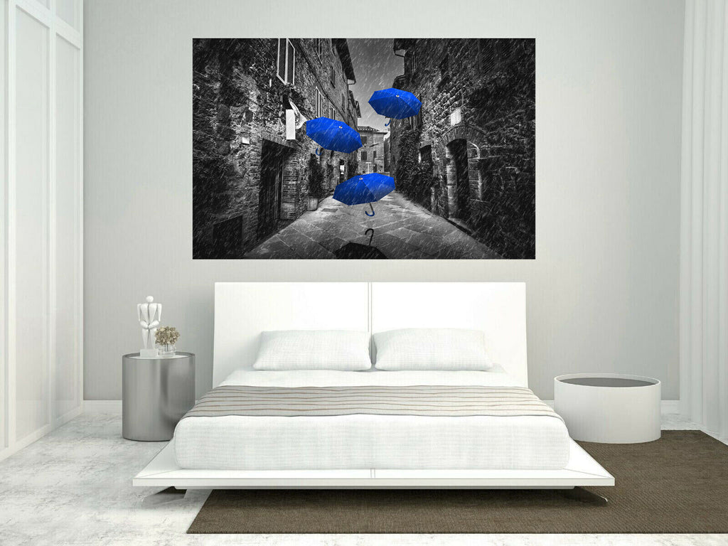 Flying black blue umbrellas in street in Tuscany Canvas Wall Art Picture Print