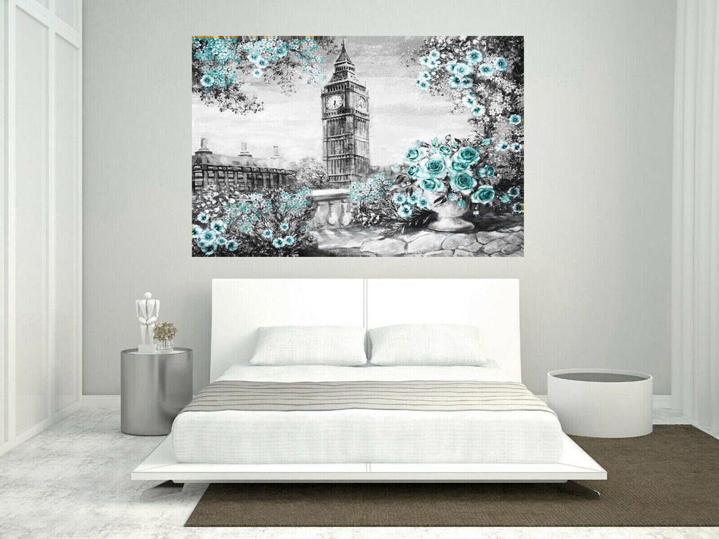 Duck Egg Blue Summer In London Floral Canvas Wall Art Picture Print