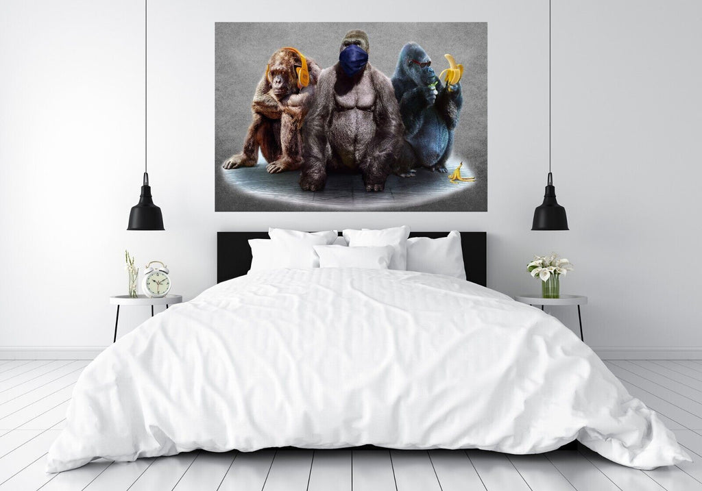 Grey 3 Modern Wise Gorillas Abstract Canvas Wall Art Picture Print