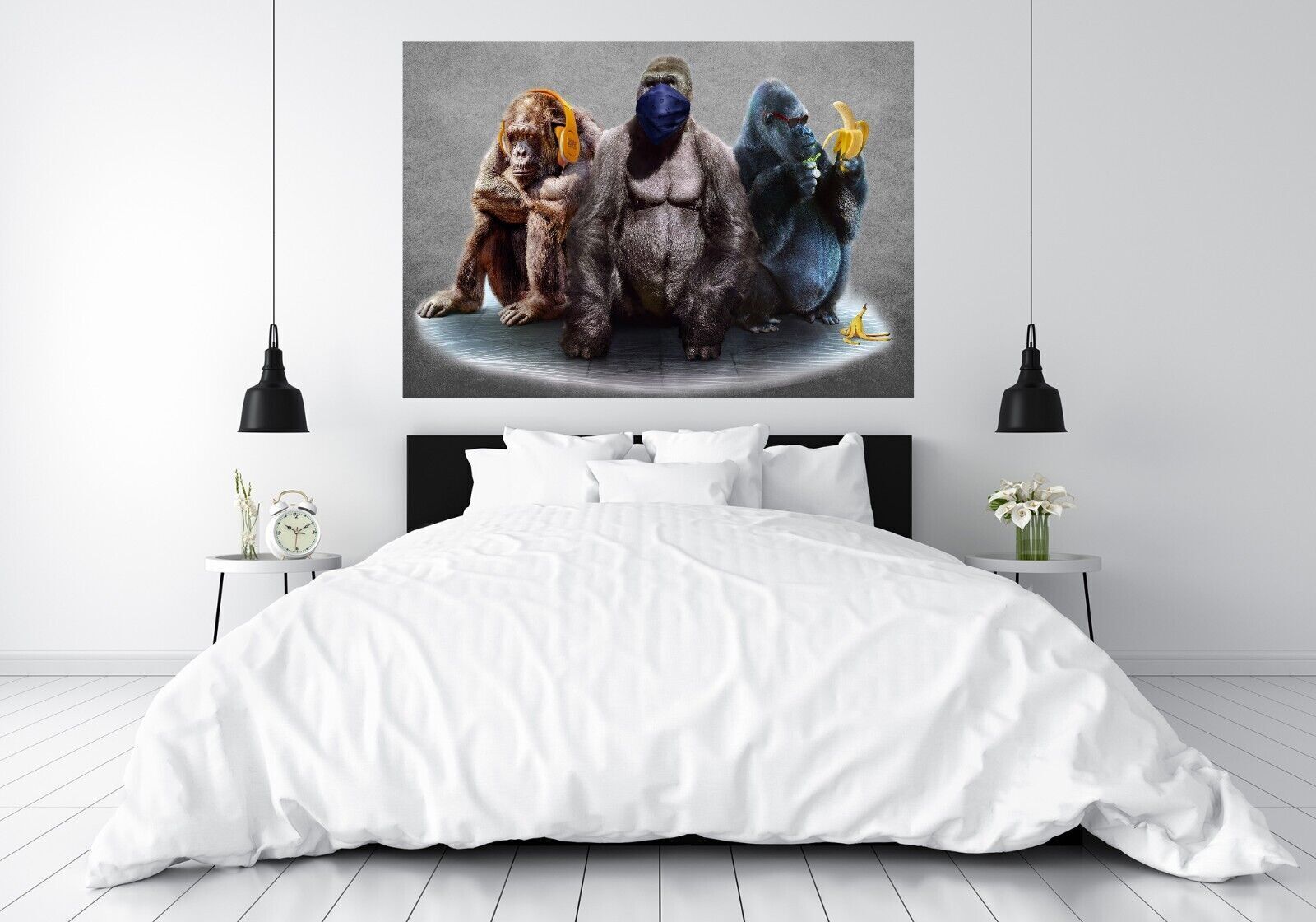 Grey 3 Modern Wise Gorillas Abstract Canvas Wall Art Picture Print