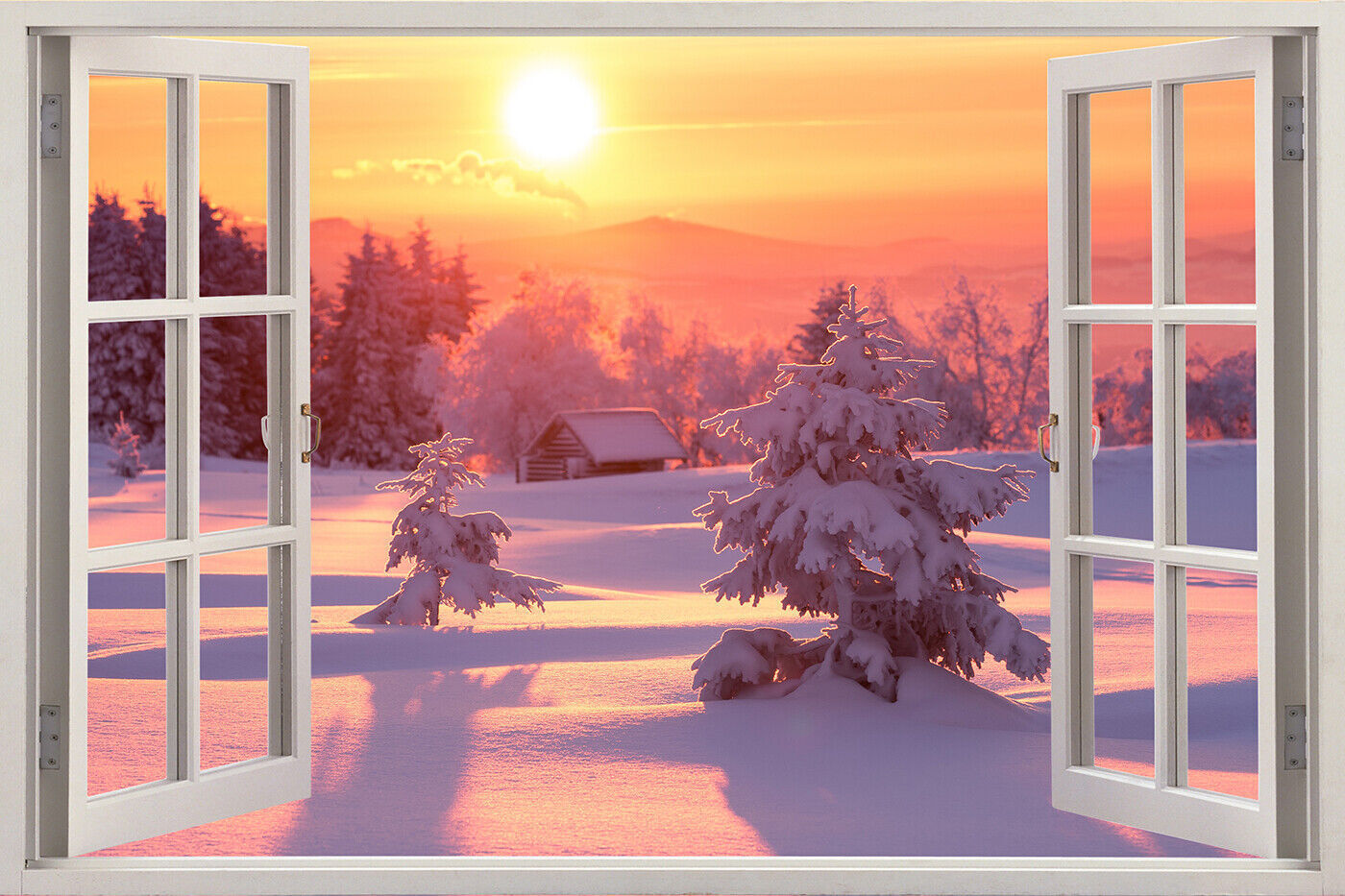 Sunset in the Winter Snow 3D Window Effect Canvas Wall Art Picture Print