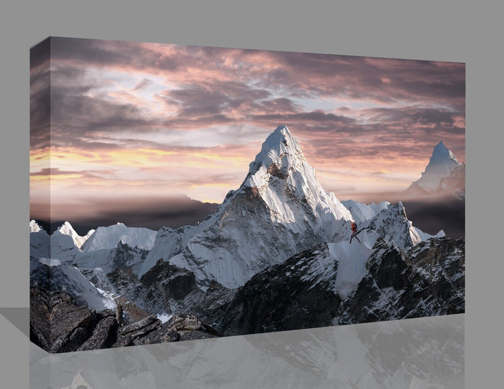 Hiking over snowy mountains landscape CANVAS WALL ART Picture Print