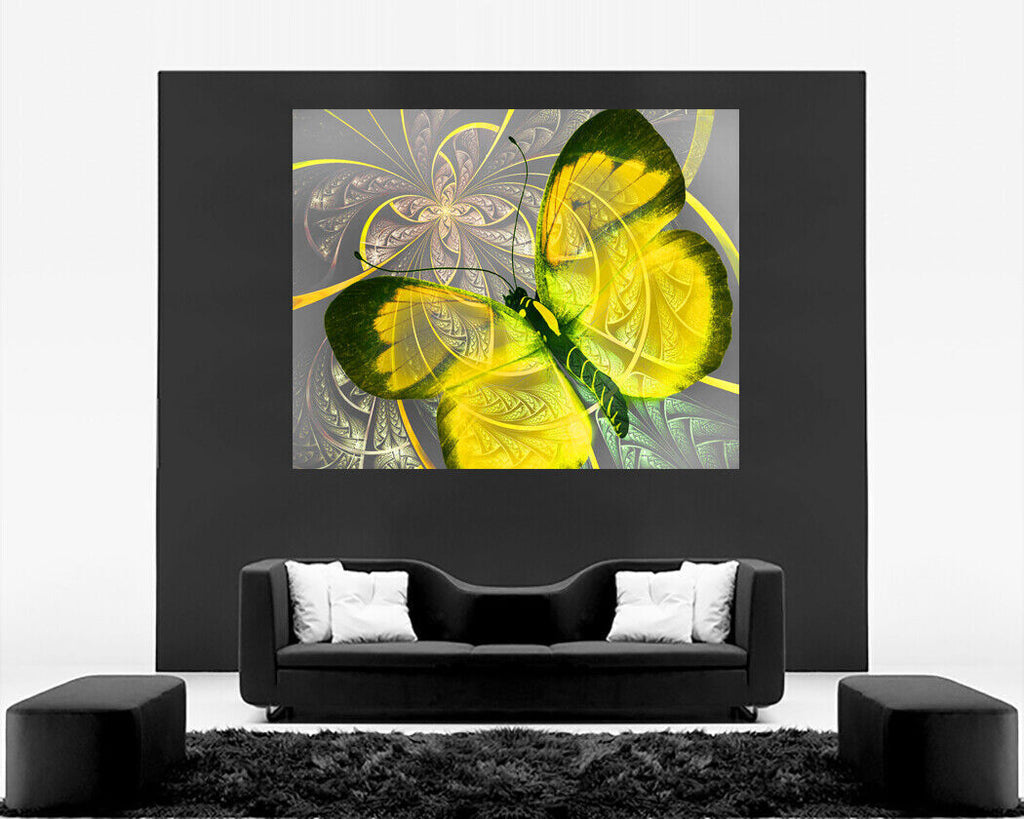 Abstract Canvas Print Floral Butterfly Yellow Grey Unique Wall Art Various Sizes