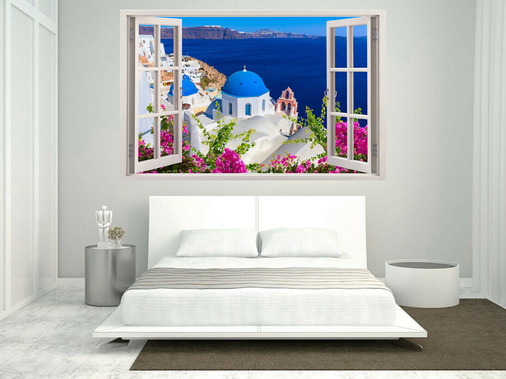 Santorini Greece Landscape Through a Window Canvas Wall Art Print Picture