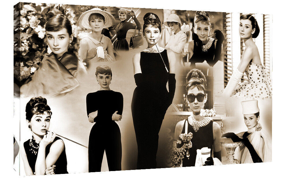 AUDREY HEPBURN PREMIUM COTTON CANVAS PICTURE COLLAGE WALL ART PRINT ALL COLOURS