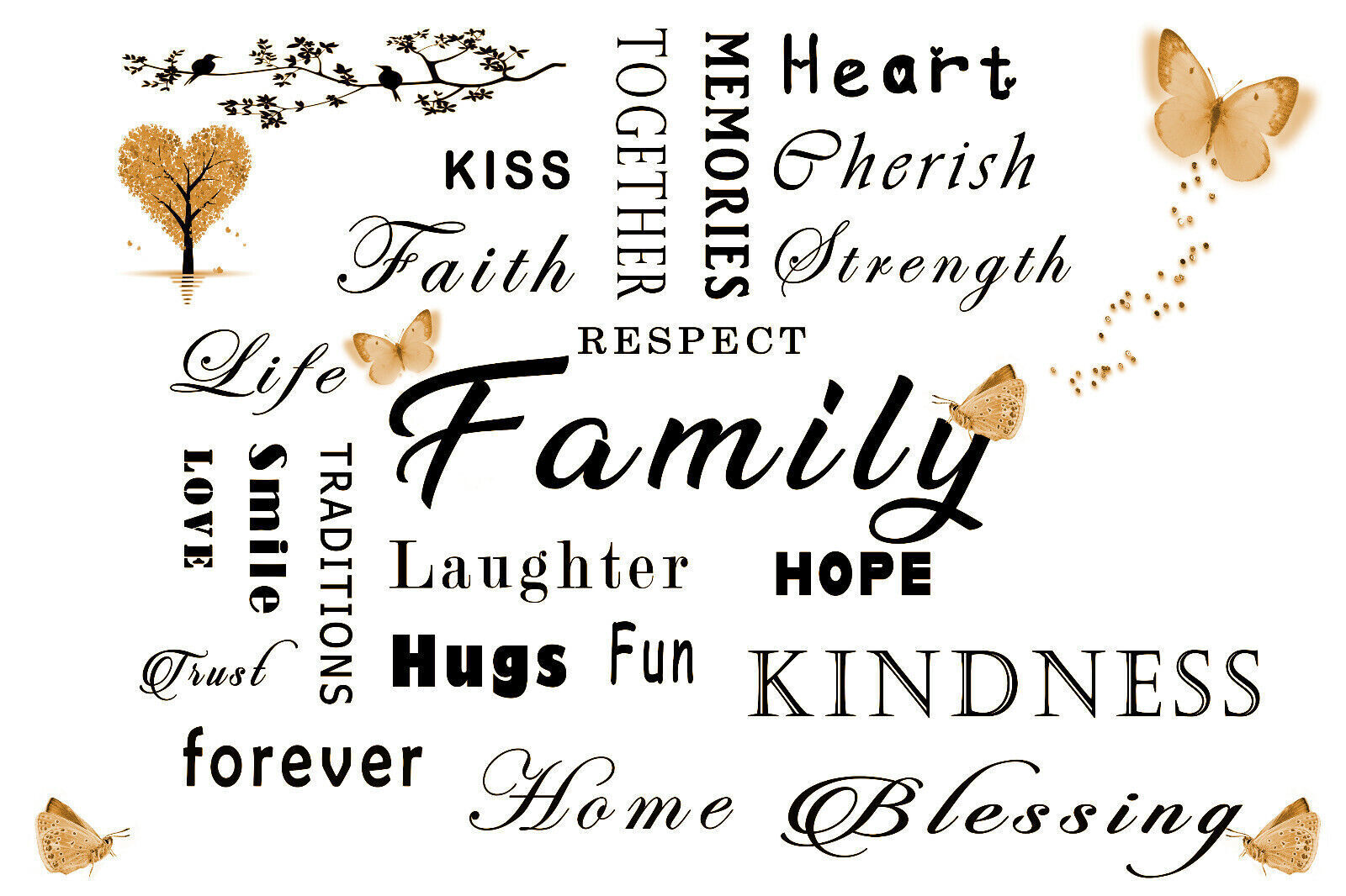 FAMILY QUOTE WORDS CREAM / SEPIA BUTTERFLY CANVAS WALL ART Picture Print