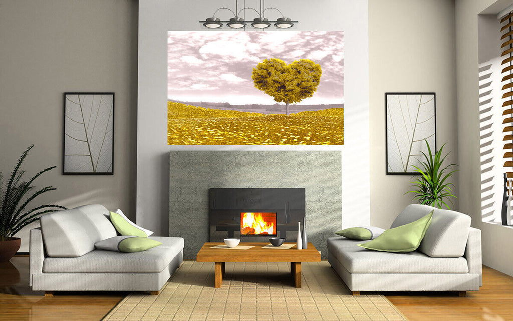 Yellow / Mustard Love Heart Tree Landscape Canvas Wall Art Picture Print