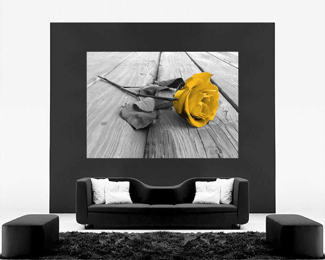 Large Mustard Yellow Grey Rose Flower Canvas Wall Art Picture Print