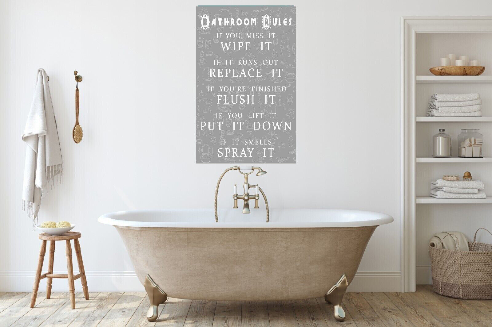 Grey Bathroom Rules Quote CANVAS WALL ART Picture Print