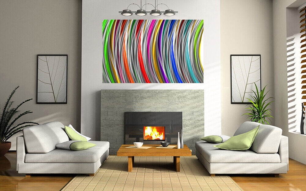 Grey Multi Coloured Stripes Modern Abstract Canvas Wall Art Picture Print