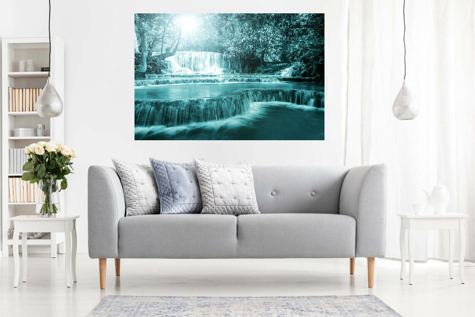 Teal Waterfall Trees Landscape Canvas Wall Art Picture Print