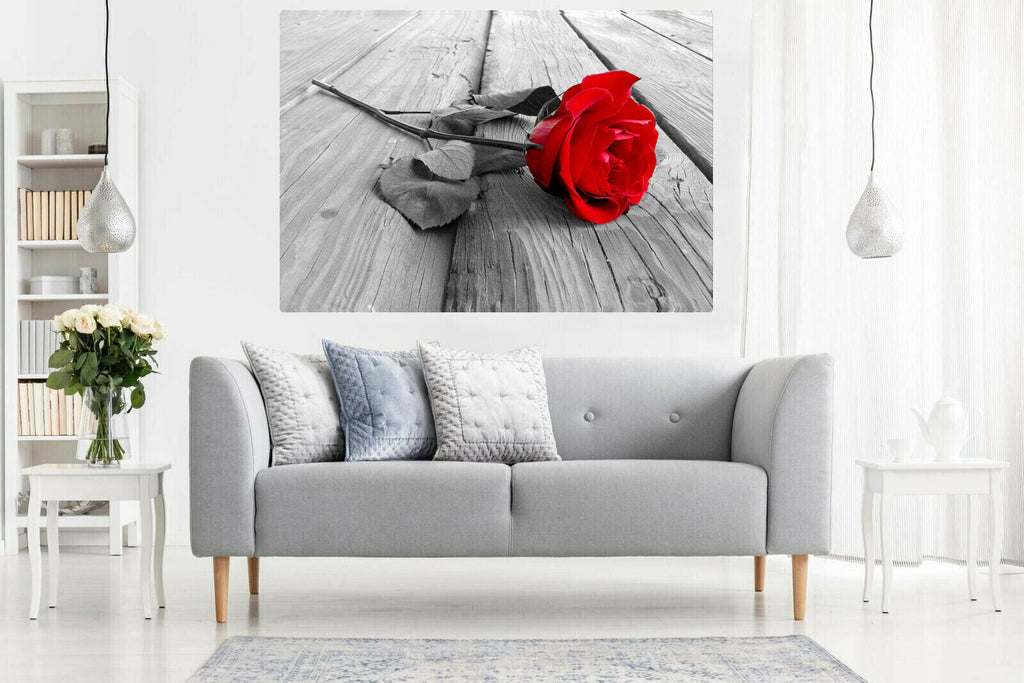 Large Red Grey Rose Flower on Wood Canvas Wall Art Picture Print
