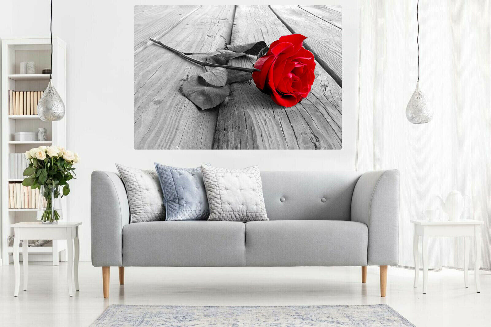Large Red Grey Rose Flower on Wood Canvas Wall Art Picture Print